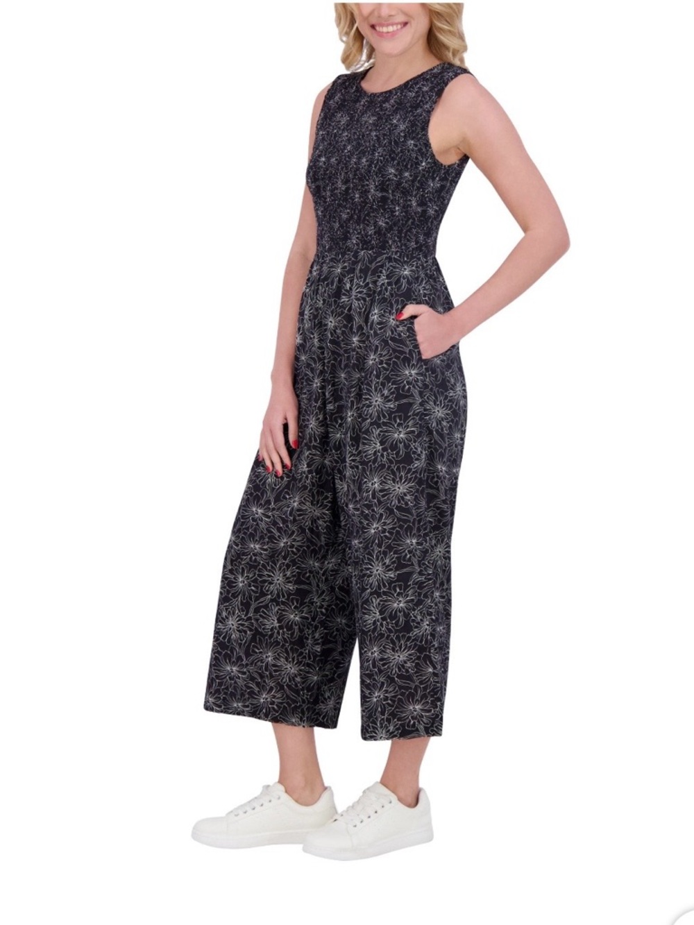 Andrew Marc Black Floral Print Sleeveless Wide-Leg Jumpsuit - Picture 2 of 13